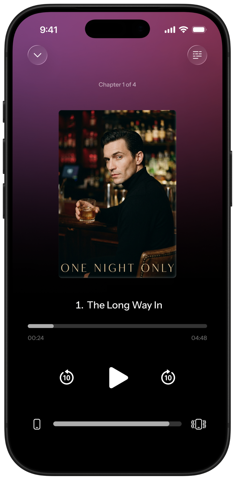 Lovetopia audio player with cover art and chapter progress