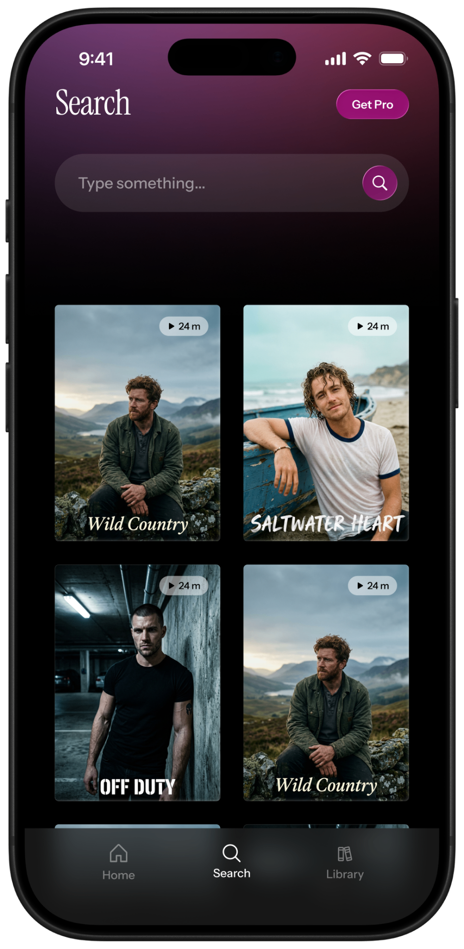 Lovetopia search with trope and mood filters and a grid of audio stories